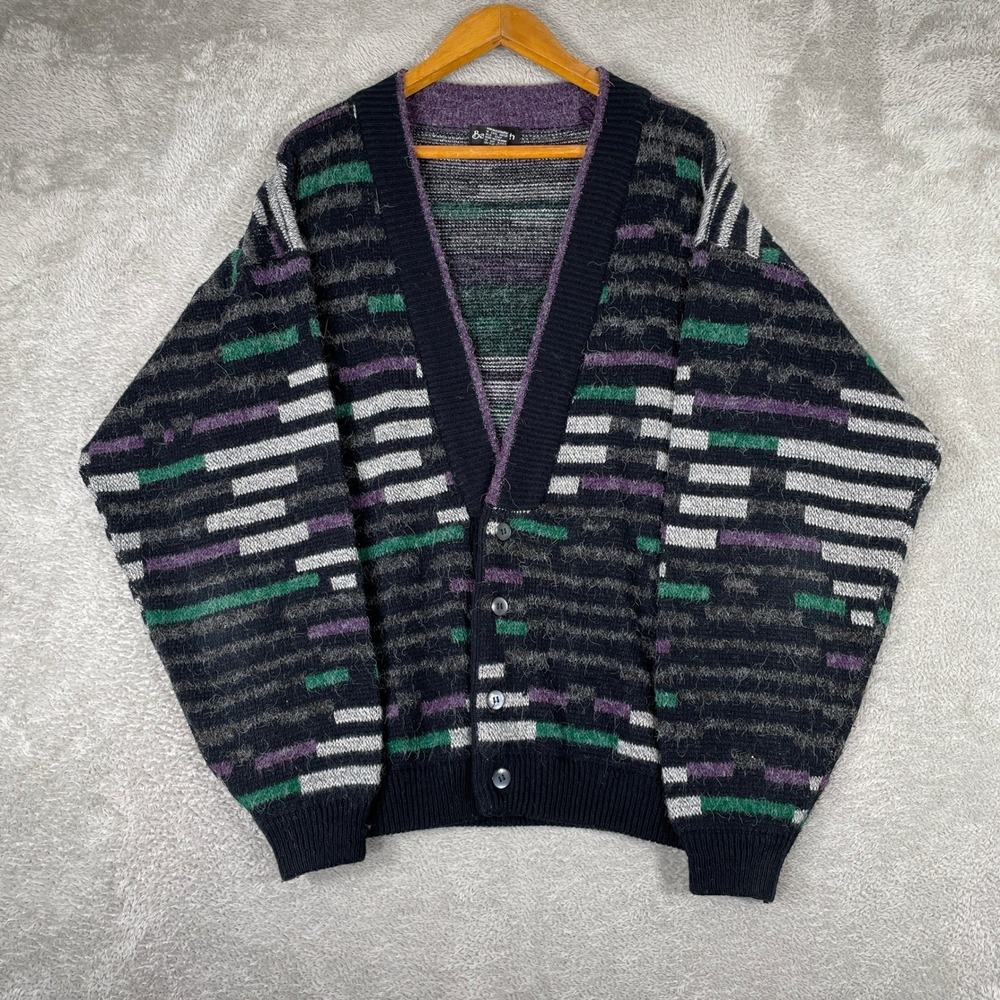 Bachrach Cardigan Sweater Mens Large Black Abstract Geometric Vintage Knit 90s